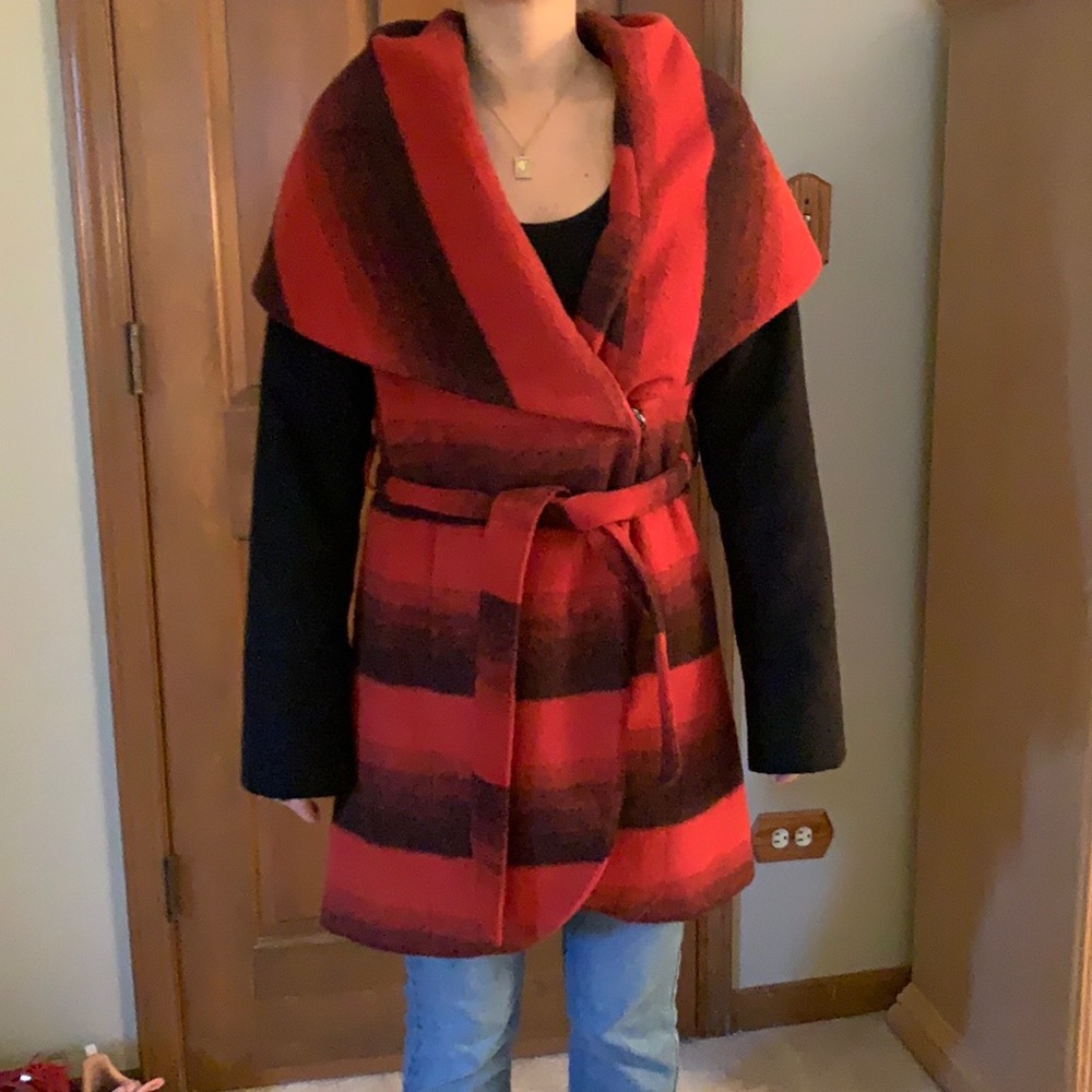 Red and black striped wrap jacket